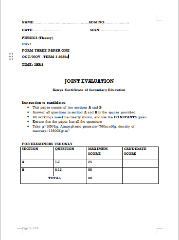 Form 3 Physics Paper 1 Exam PDF - Digital Download for Kenyan Secondary Schools